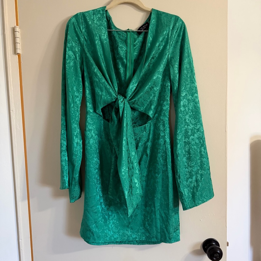 Emerald Green Long Sleeve Tie-Front Dress